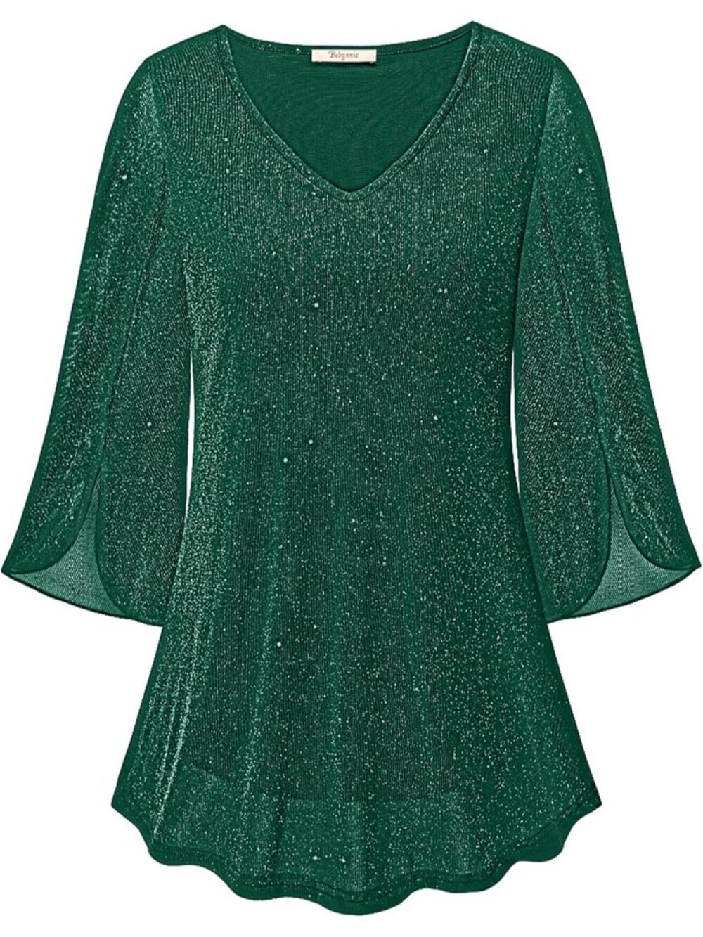 Bebonnie Women's Tops Green Ruffle 3/4 Sleeves V Neck Double Layers Mesh Blouses